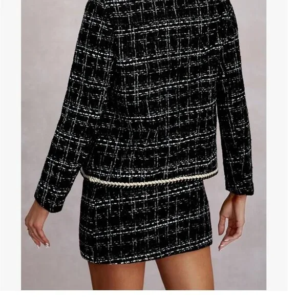 2 Piece Outfits Plaid Button Front Long Sleeve Tweed Set Suit